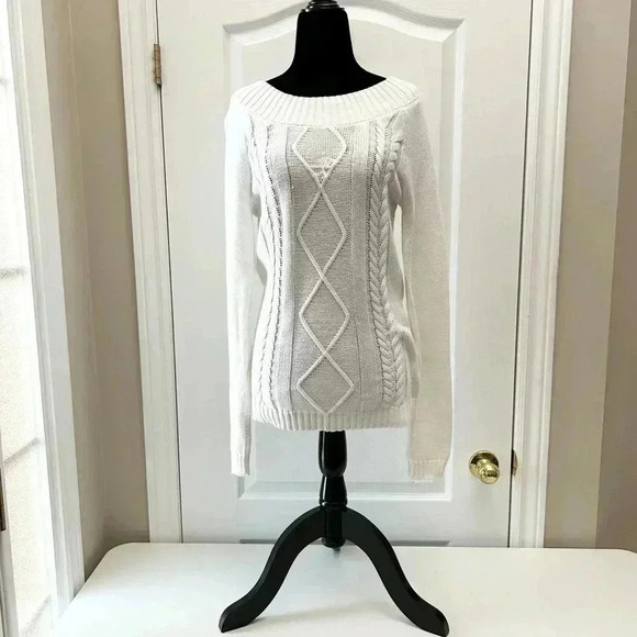 Ricki’s Cable Knit Sweater Boat Neck Cotton Pullover Ivory Size Small - Picture 14 of 14